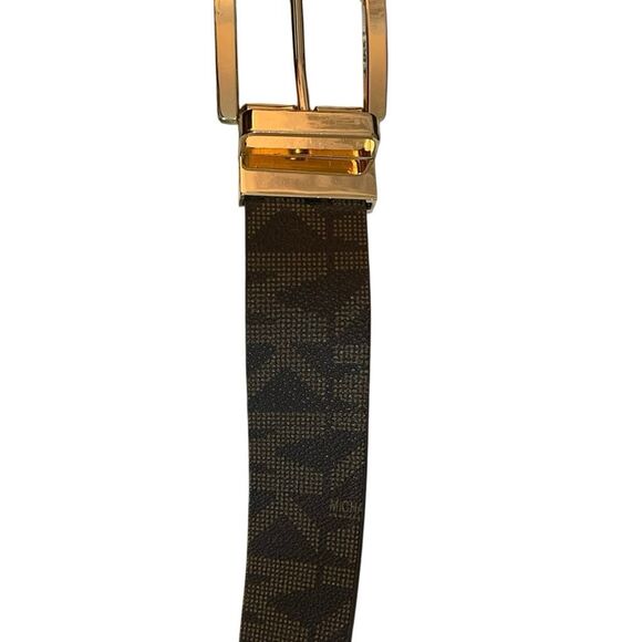 Michael Kors Men’s Signature Monogrammed Leather Belt with Gold Toned Buckle - Picture 6 of 12